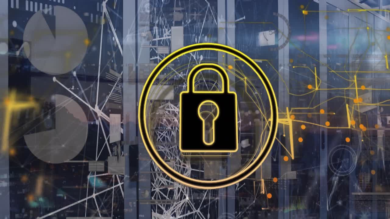animación de candado en círculos sobre gráficos, puntos conectados y globo en bastidores de servidores de datos