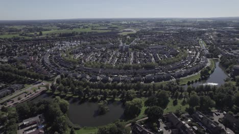 aerial view of distinctive residential neighborhood leesten in suburbs of zutphen with distinct shape