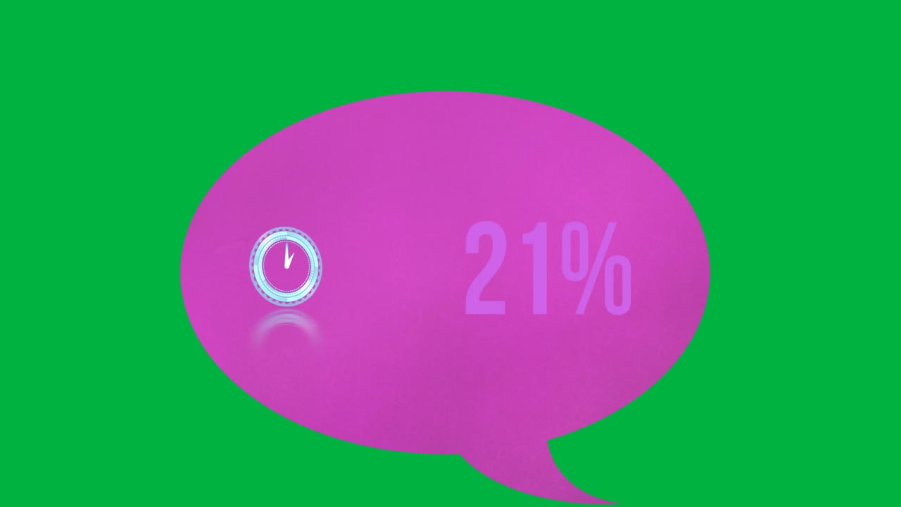Neon ticking clock and increasing percentage on pink speech bubble against green background
