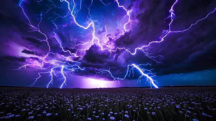 Spettacolare tempesta di fulmini su un campo di fiori