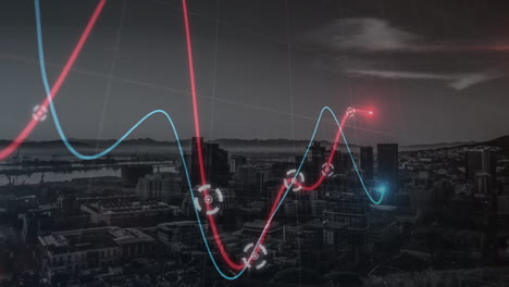 procesamiento de datos estadísticos de neón frente a una vista aérea del paisaje urbano por la noche