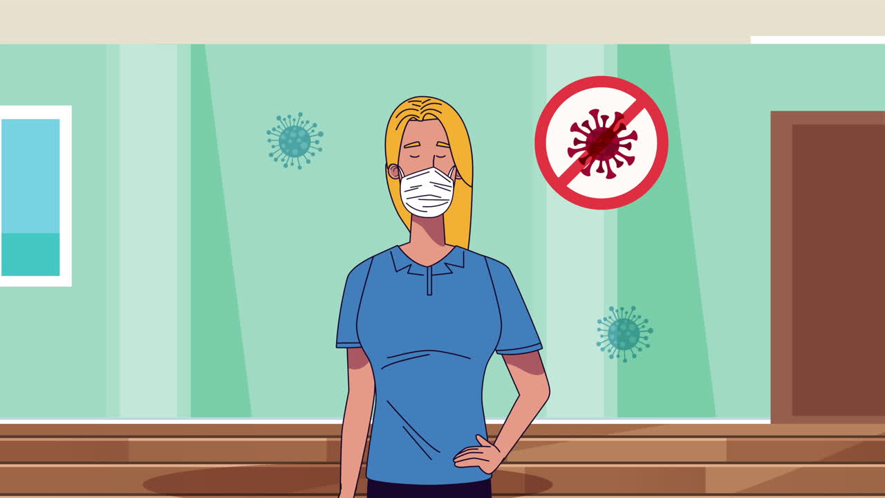 코로나19 보호를 위해 의료 마스크를 착용한 젊은 여성은 코로나-19 신호를 멈추십시오.