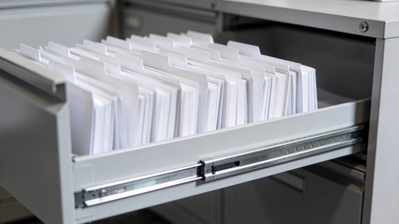 Pulling off-frame hand sliding gray filing drawer outward at office desk, exposing white folders
