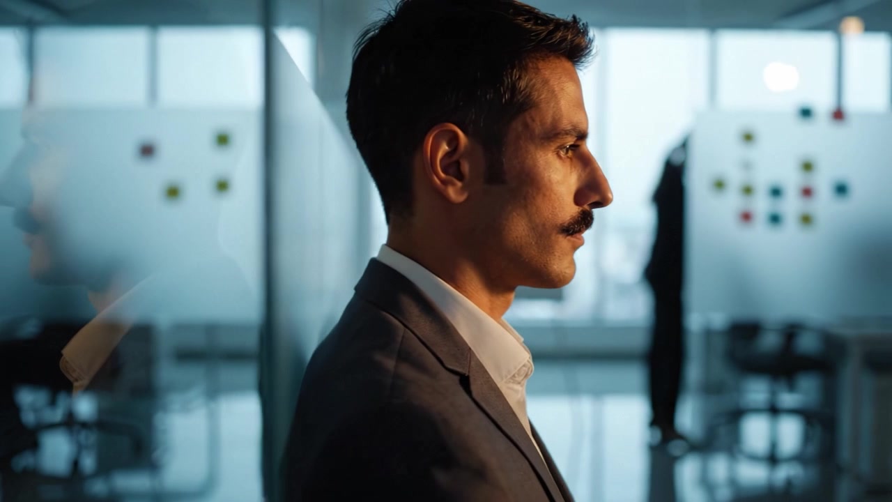 A contemplative man with a mustache, dressed in a suit, gazes thoughtfully from the office setting, reflecting on ideas and strategies for success.