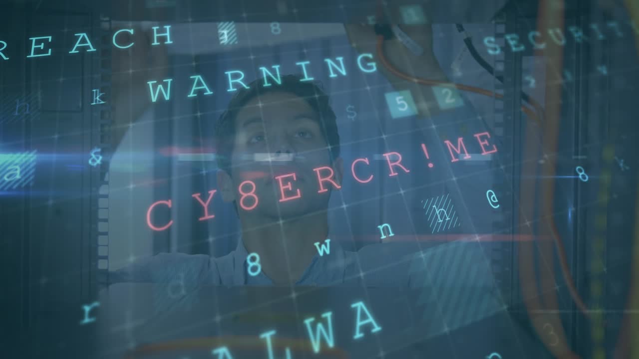 Animation of cyber attack text and data processing over caucasian male it technician by server