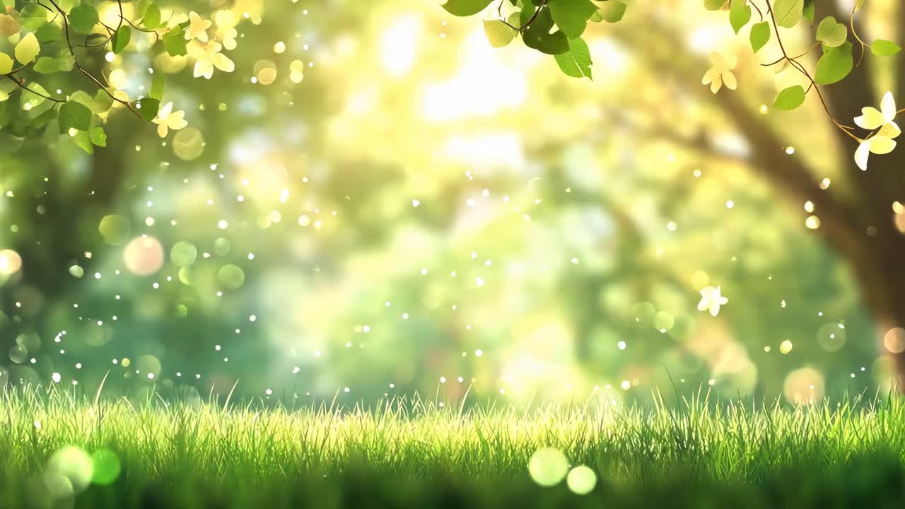 Close-up, low-angle view of a sunlit meadow with daisies and floating particles, creating a serene