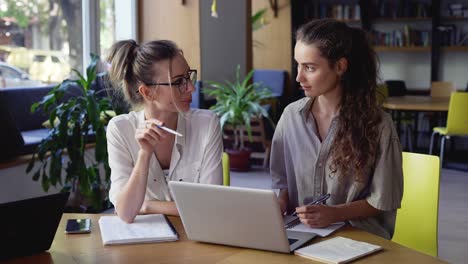 Two-female-students-discussing-new-project-in-library