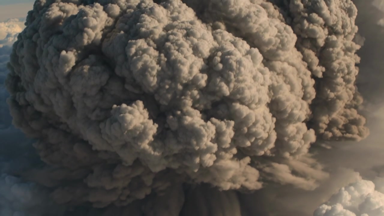 Rising dark upwelling driving ash plume expanding into mushroom dome at high altitude, sunlit lobes