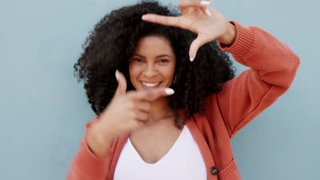 happy, frame gesture and portrait of woman