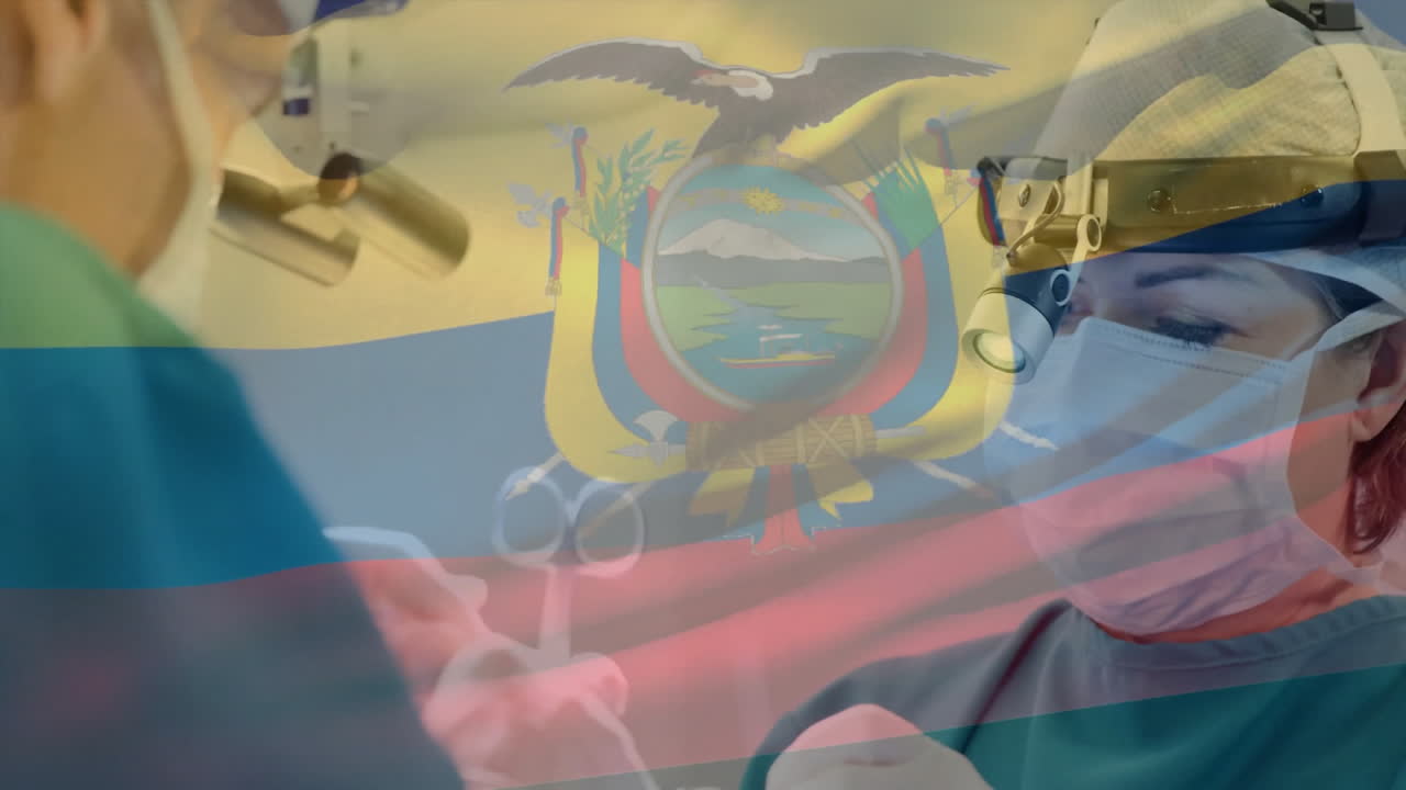 Animation of flag of ecuador over caucasian surgeons wearing face masks