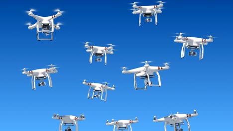 muchos drones que se levantan en el cielo azul y filman con cámaras. animación en bucle 3d con pantalla verde y máscara alfa. concepto de electrónica moderna.