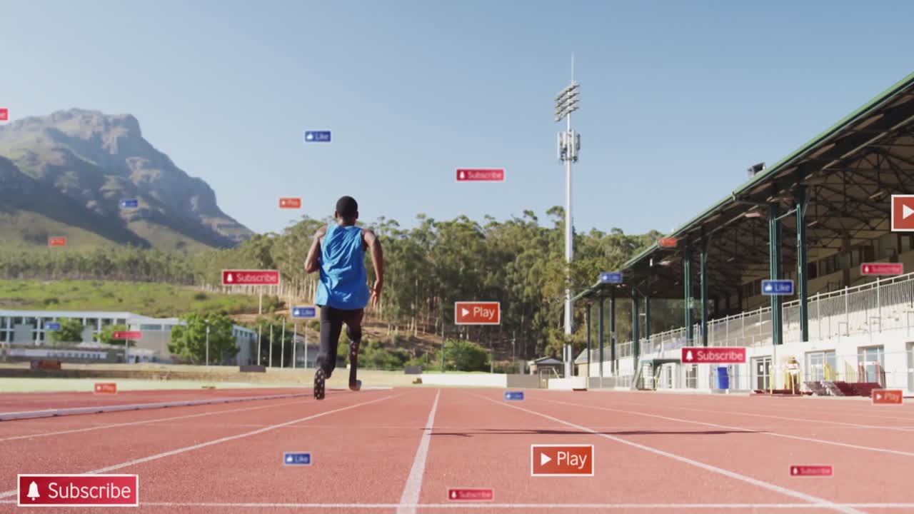 animación de barras de notificación sobre atleta afroamericano practicando correr en la pista de carreras