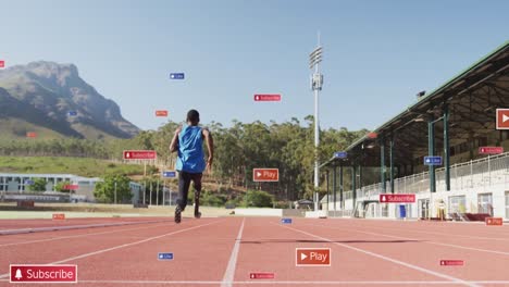 Animación-De-Barras-De-Notificación-Sobre-Un-Atleta-Afroamericano-Practicando-Carrera-En-Pista-De-Carreras