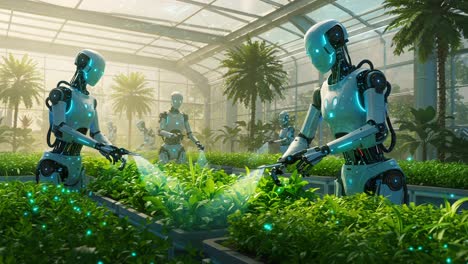 a futuristic vision of autonomous robots tending to lush greenery in a sustainable indoor garden, highlighting the harmony between technology and nature