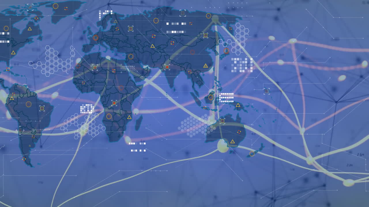 World map with digital network connections and data processing animation