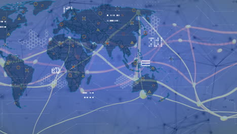 world map with digital network connections and data processing animation