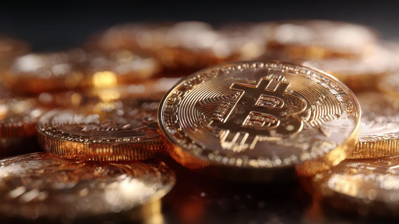 A Close-Up View of Glimmering Bitcoin Coins in a Pile, Highlighting the Intricate Design and Wealth Symbolism of Cryptocurrency