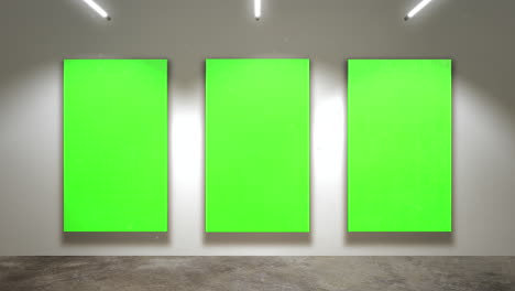 Bewegungskamera-In-Der-Kunstgalerie-Mit-Bild-Und-Modernem-Rahmen-Mit-Grünem-Mockup-Bildschirmkunsthintergrund