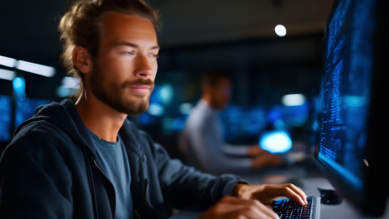 Focused Individual Working Late at Night on Computer, Analyzing Data While Engaged in Deep Thoughts and Surrounded by High-Tech Environment and Monitors