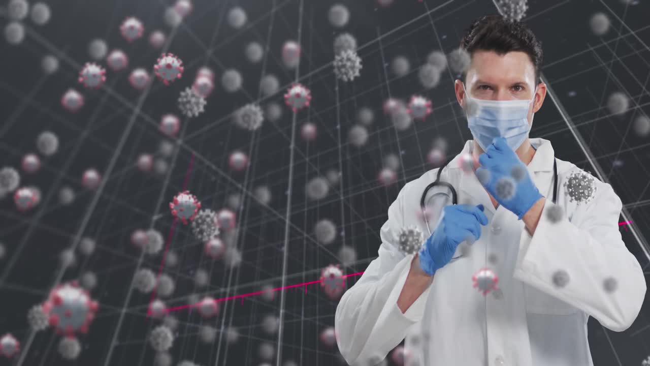 Animación de células de COVID-19 y registro de estadísticas sobre un médico usando mascarilla