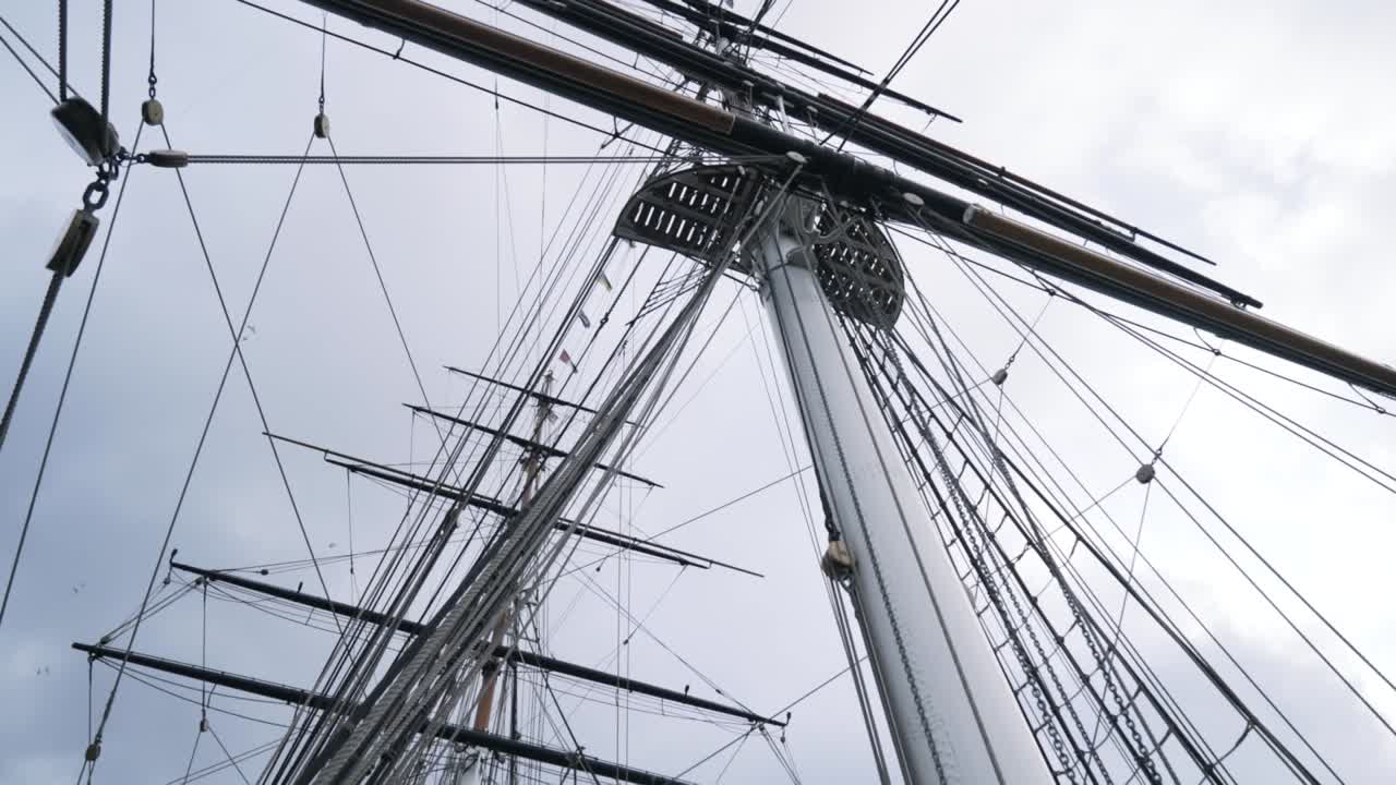 Close-up view of a tall ship's masts and rigging