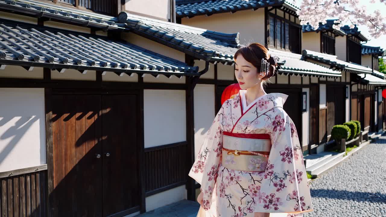 A woman in a floral kimono walks through a traditional Japanese street