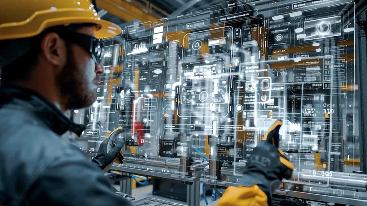 Ingeniør bruger holografiske kontroller på et produktionsanlæg