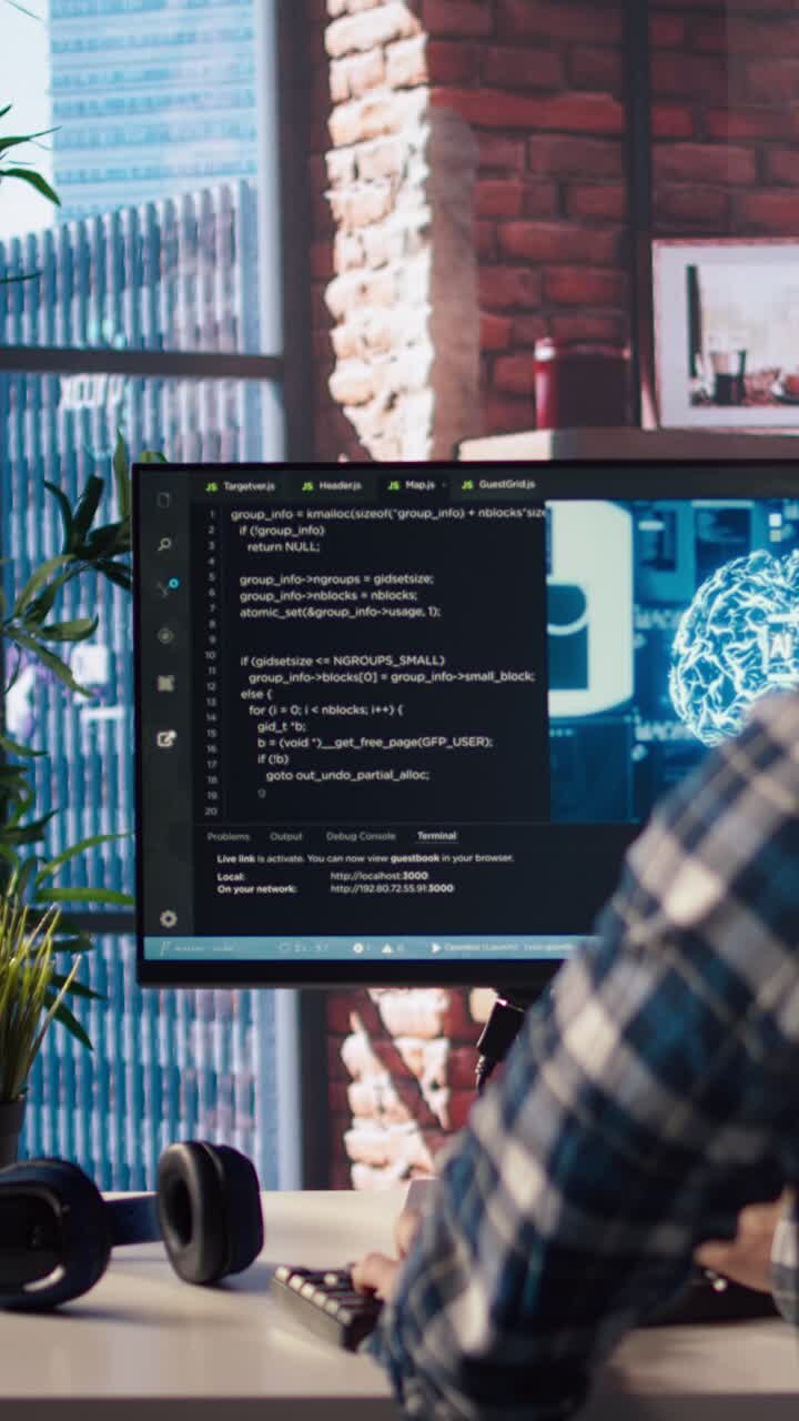 Vertical video Tech support expert typing on keyboard, doing checkup on AI systems
