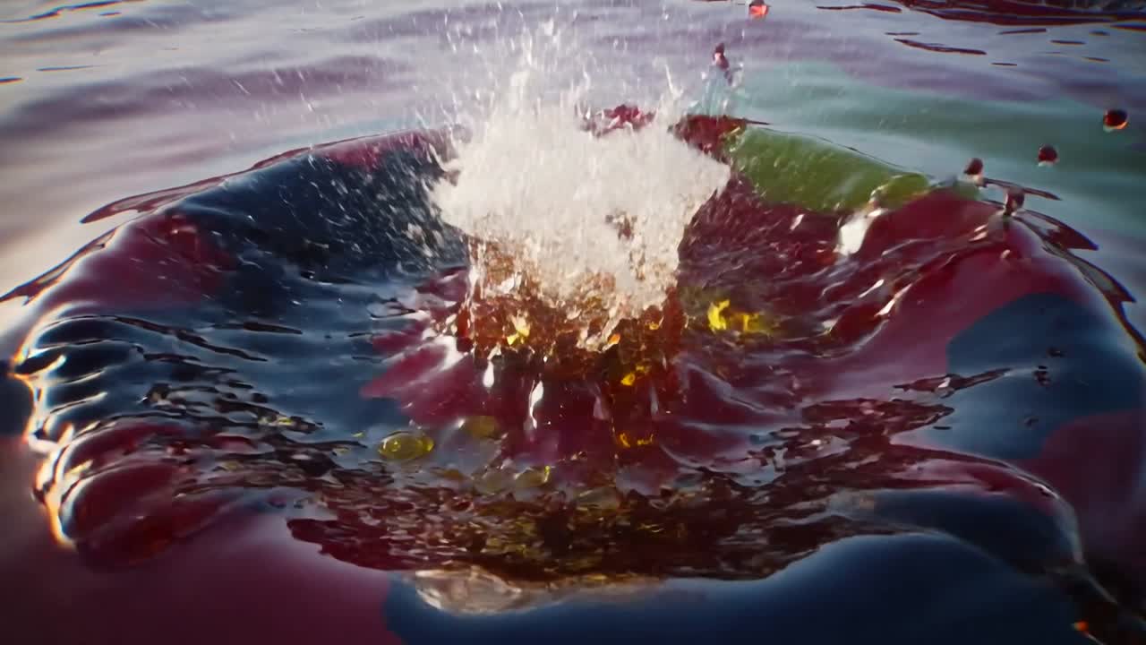 Glassy cube descending, striking colored pool, forming crown splash, column, ripples for education