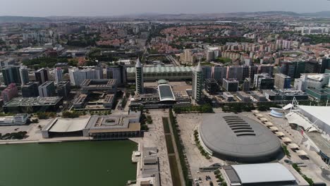 aerial footage of park of the nations in lisbon