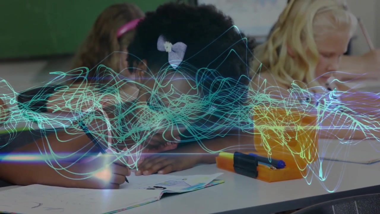 Classmates leaning over notebooks, showing animated light lines and chalkboard for education