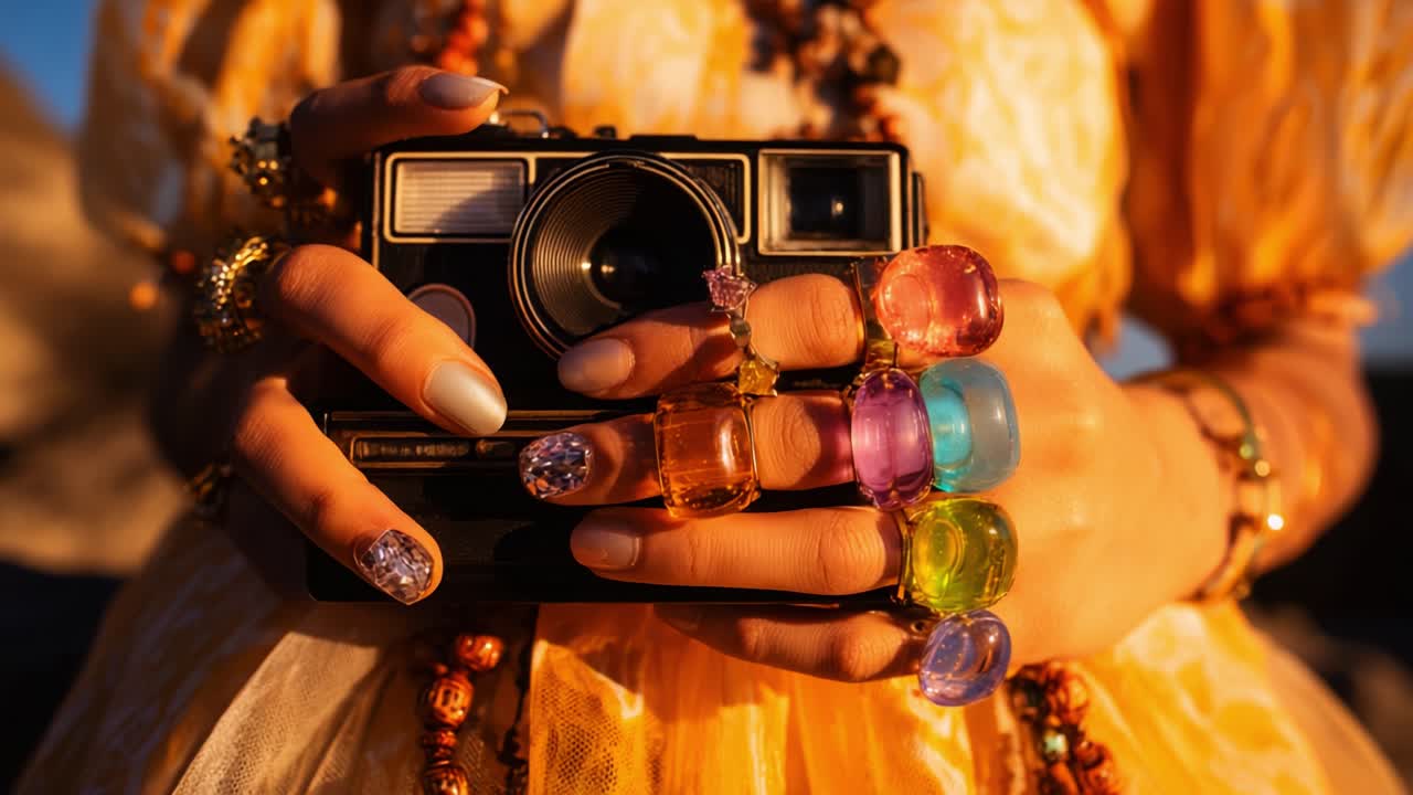 A vibrant close-up showcasing a beautifully adorned hand holding a vintage camera, adorned with colorful rings that add an artistic touch to the photograph, capturing a moment of creative expression
