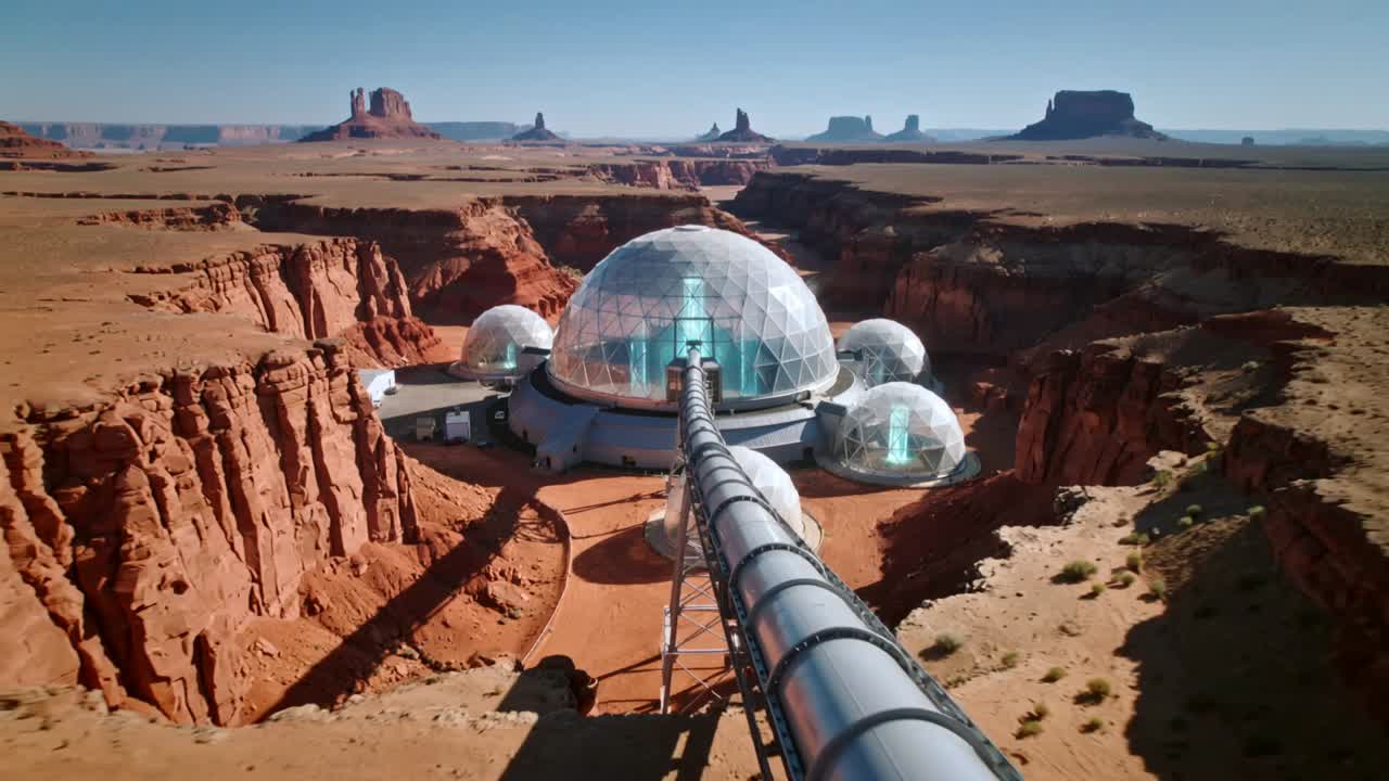 Launching drone approaching geodesic domes along tube on canyon floor, surveying glowing cyan cores