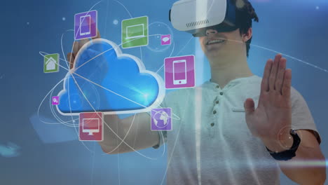 using virtual reality headset, man interacting with cloud computing icons and network