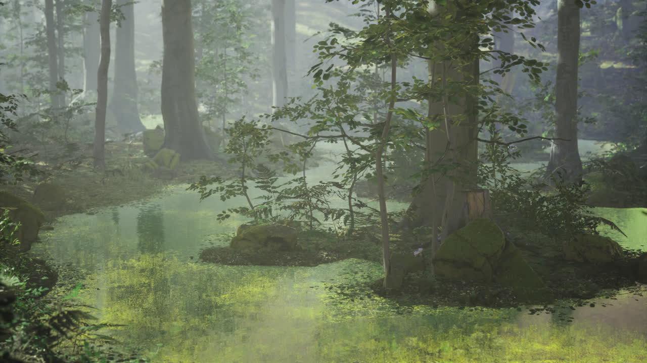 Tranquil forest with calm water reflecting greenery in morning light