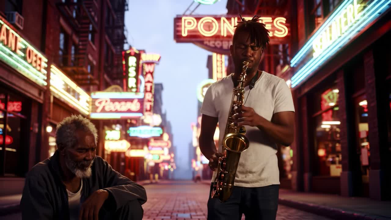 A Soulful Night: A Musician Plays Saxophone While an Elderly Man Listens in a Vibrant Neon-Lit Street, Creating an Atmosphere of Connection and Melodic Elegance