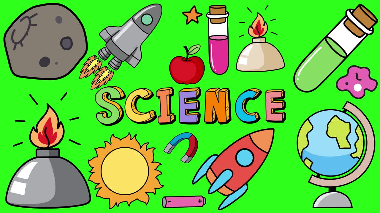 Colorful science-themed icons and playful text animate onto a vivid green background, forming a lively composition with smooth, sequential transitions and cartoon style