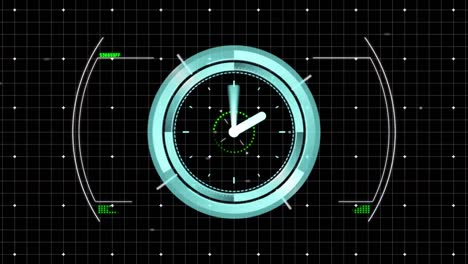 animación de escaneo de alcance sobre el reloj y formas rojas sobre fondo negro.