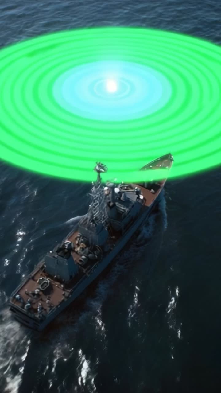 Una nave militare che naviga in acque oceaniche, emettendo e ricevendo impulsi sonar rappresentati da onde concentriche in una vivace combinazione di colori blu-verde.