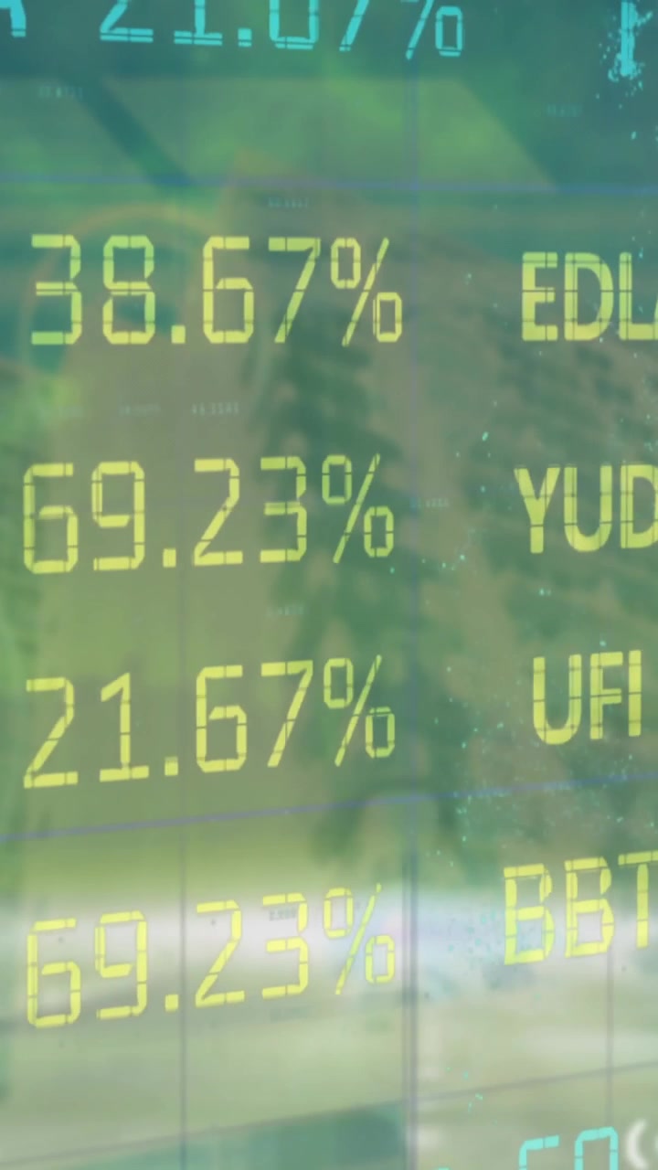 Animation of stock market and globe with data processing over cityscape
