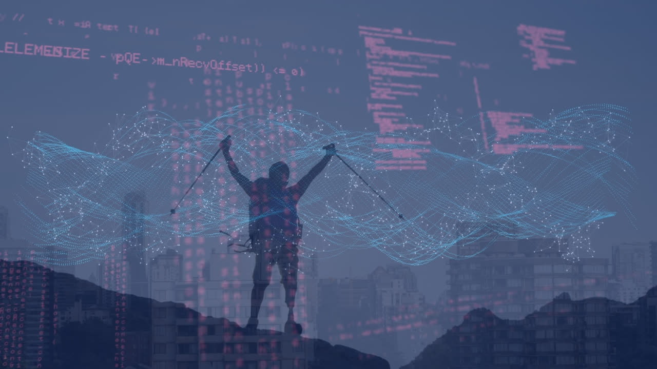 하이커, 풍경 및 도시 풍경에 대한 데이터 처리의 애니메이션