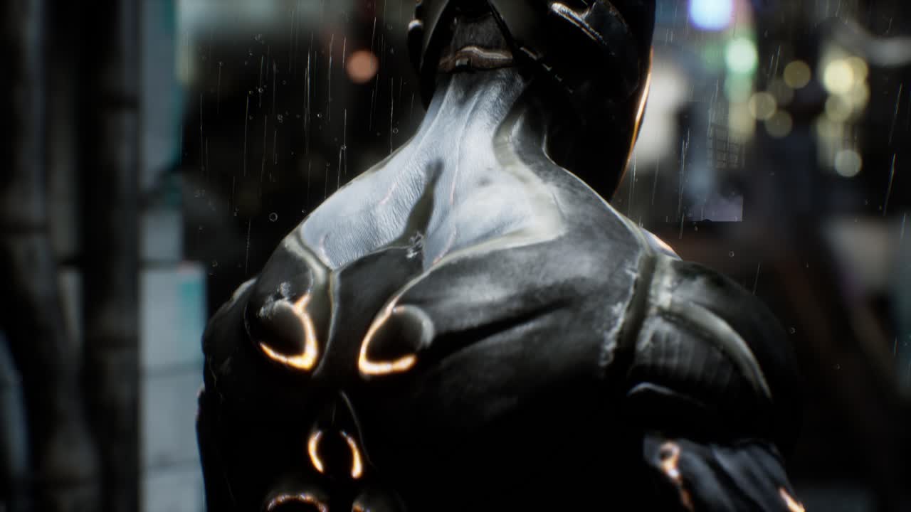 la escena cgi de un misterioso guerrero alienígena se encuentra en un pasillo oscuro mirando hacia arriba lentamente