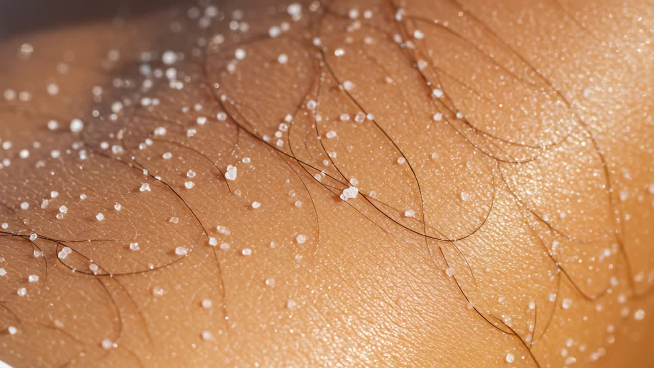 Close-Up of Skin with Water Droplets and Fine Hair Texture: An Intricate Study in Natural Beauty and Detail of Human Skin Physiology