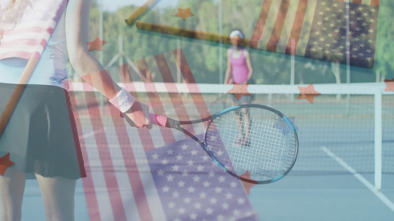 Two female tennis players rallying with rackets outdoors, showing floating health graphics