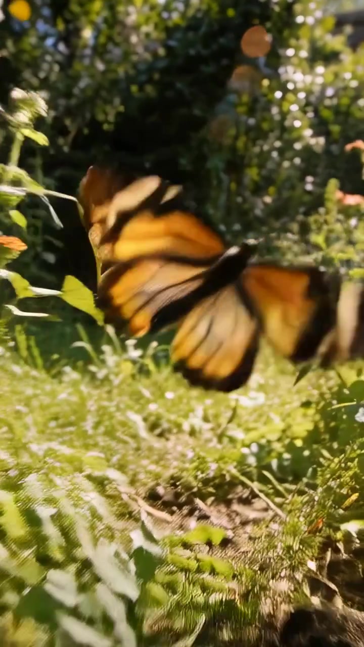 Video verticale: Farfalla arancione e nera che vola diretta verso la luce del sole in giardino, passando tra i fiori.