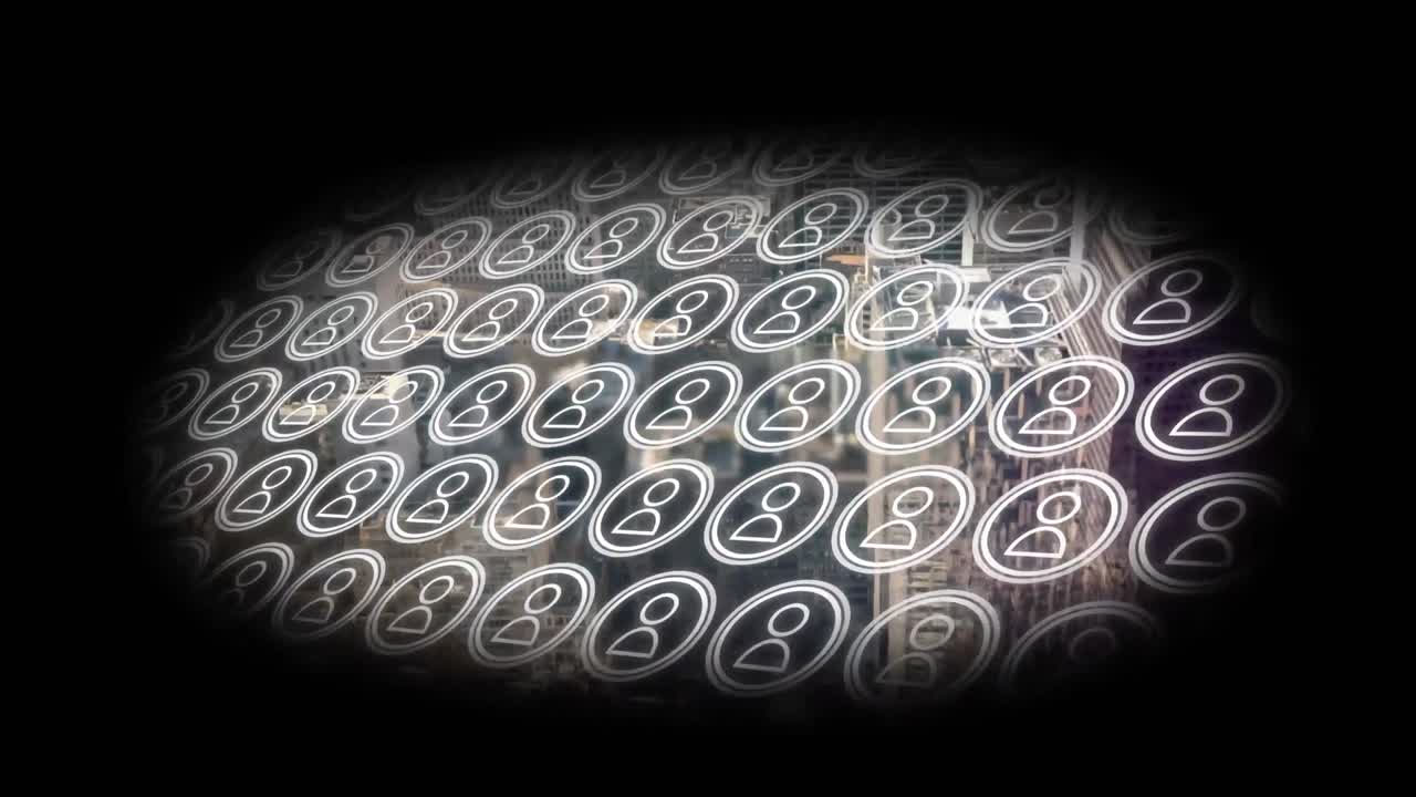 현대 도시 풍경 을 가로질러 움직이는 사람 들 의 아이콘 들 의 비네티드 그리드 의 애니메이션