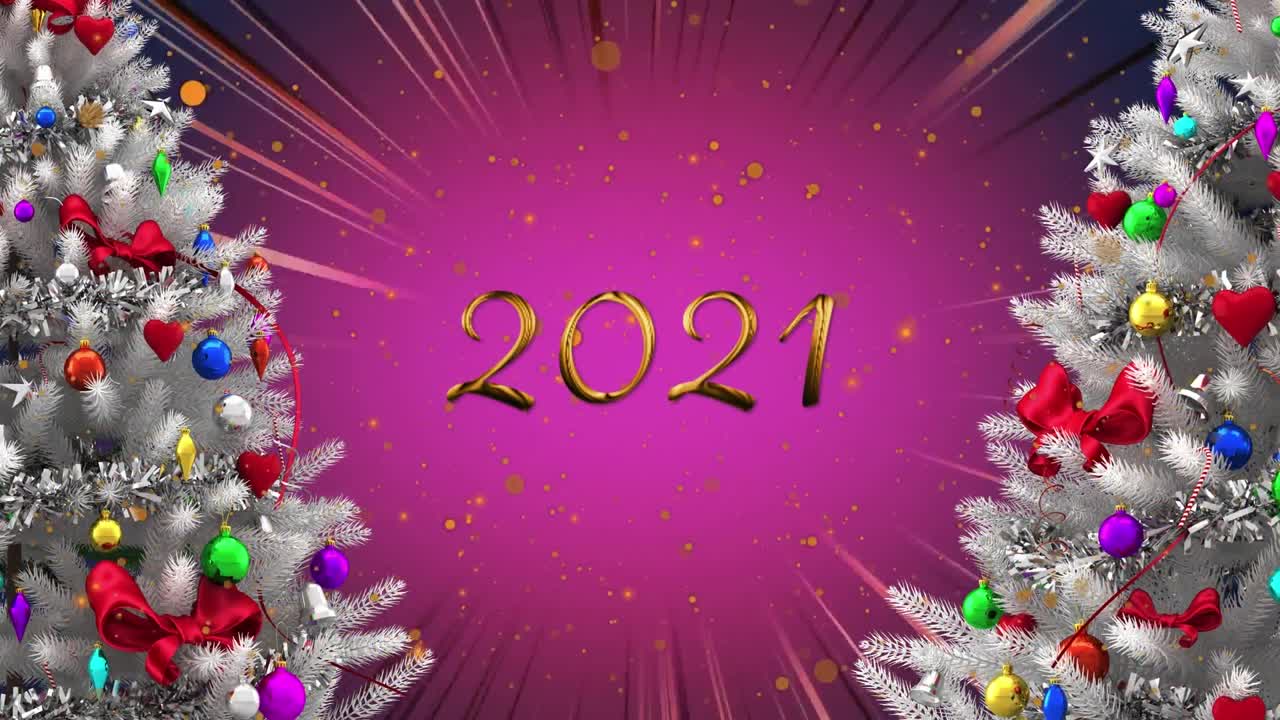 Animazione del 2021 con alberi di Natale e macchie arancioni su sfondo rosa.
