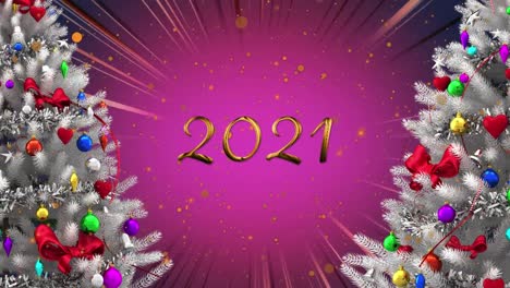 Animation-of-2021-with-christmas-trees-and-orange-spots-on-pink-background