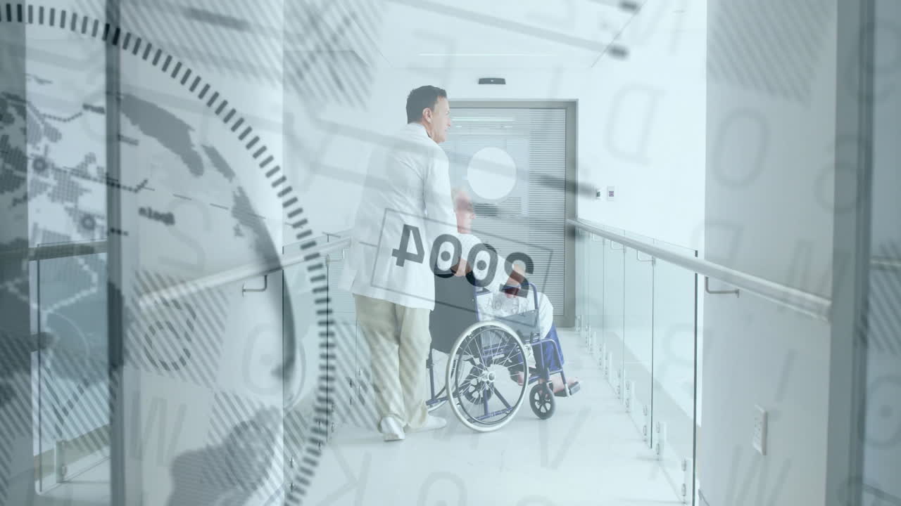 Pushing patient in wheelchair, doctor with medical data animation in hospital corridor