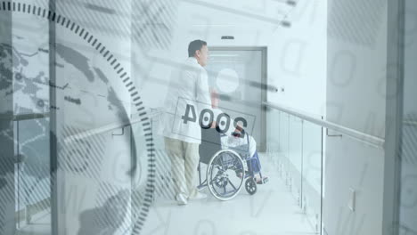 pushing patient in wheelchair, doctor with medical data animation in hospital corridor
